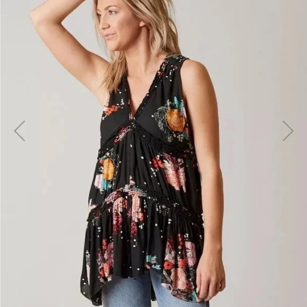 Free People Boho Floral Sleeveless Tunic Top Black Multicolor